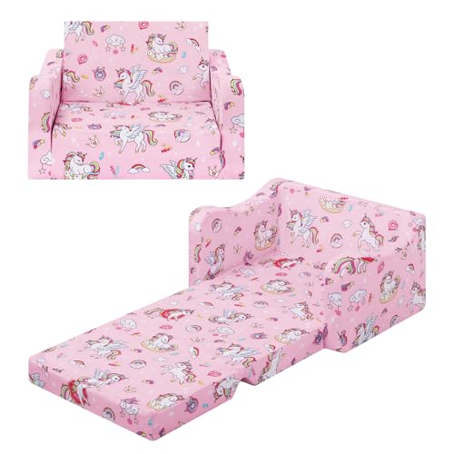 alldomess Convertible Sofa para Niños 2 en 1, Suave Cómoda Sofa para Niñas y Niños, Estable Silla Plegable Niño para Dormitorio Sala de Juegos,Rosa Unicornios Dulces