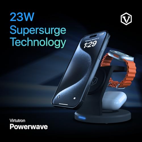 Image of Virtutron 23 W Wireless Charger 3 in 1 Charging Station, Magnetic magSafe Compatible for iPhone 17, 16 /Plus /Pro /Pro Max, iPhone 15 /Plus /Pro /Pro Max,14,13 /12, Airpods 3rd /2nd gen (Black & Grey)