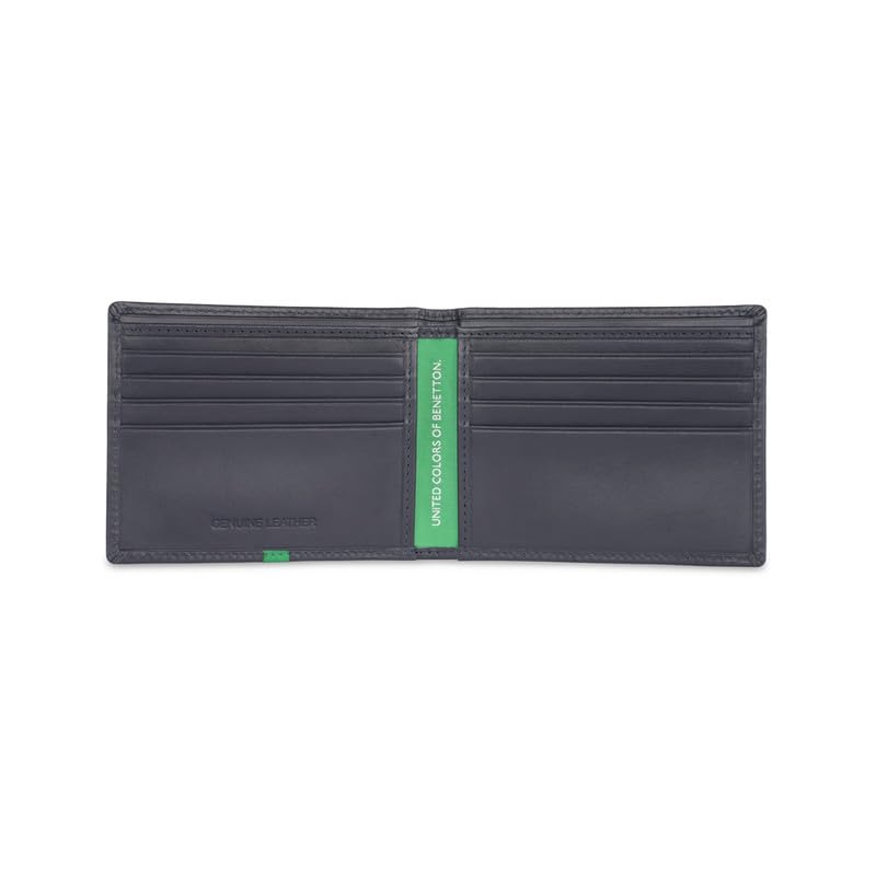 Image of United Colors of Benetton Men RFID Protected Derwent Slimfold Wallet - Navy+Green, No. of Card Slot: 8 | Tape Inlayed Slimfold Wallet with Side Closure | Leather