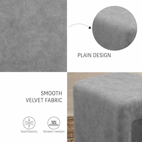 Image of Kundi Modern Boucle Vanity Stool Chair with Wooden Legs - Soft Ottoman Footstool for Makeup Room, Living Room, Entryway & Office (White) (Dark Grey)