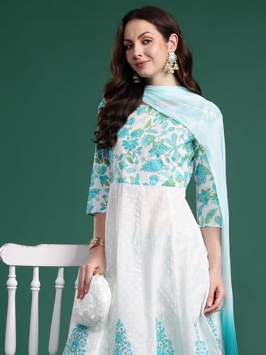 Image of INDO ERA Women's Pure Cotton Anarkali Floral Printed Kurta and Pant with Dupatta Set (KH0WH10039)