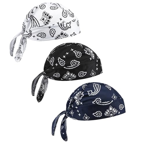 3 Pañuelo Bandana, Gorro Pirata Transpirable & Absorbente, Forro Casco en Algodón, Gorro Calavera para Ciclismo, Senderismo, Patinaje, Escalada, Running, Colores Negro, Blanco, Azul Marino