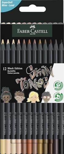 Faber-Castell 116414 - Buntstifte hautfarben Black Edition, 12er Kartonetui, bruchsicher, dreikant, Skin Tones