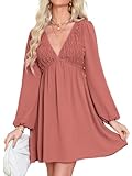 BerryGo Women's Casual Long Sleeve Babydoll Flowy Dress V Neck Swing Party Mini Dress with Pocket for Summer Beach 2025(Rust Red,Small)