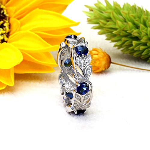 Sterling Silver Wedding Ring Round Simulated Blue Sapphire Cz Accented Vine Eternity Band (Size 5 To 9), 7 #TOP1