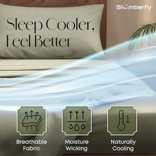 Image of Slumberfy 3-Piece 400 TC Viscose Derived from Bamboo Sheets, Twin Size - 1 Fitted, 1 Flat, 1 Pillow Case- Deep Pocket Cooling Viscose-Bamboo Bed Sheets in Magnetic Closure Gift Box, Light Green