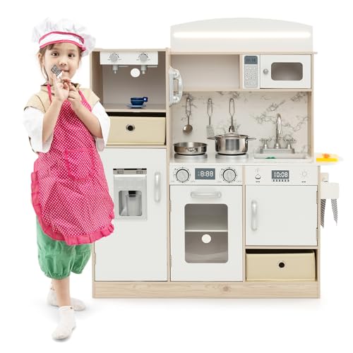 GLACER Play Kitchen with Lights, Wooden Toy Kitchen w/Realistic Sound, Coffee Maker, Play Phone, Microwave, Oven, Cooking Accessories, Gift for Boys Girls, Kids Kitchen Playset for Toddlers Aged 3+