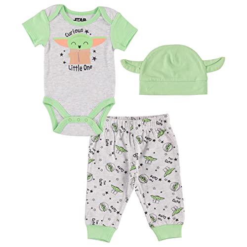 Image of STAR WARS Baby Boys Baby Yoda Clothing 3-Piece Set with Baby Bodysuit, Pants, and Hat - Newborn Boy Outfits