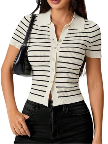 Floerns Women's Striped Short Sleeve Lightweight Cardigan Button Up Sweater Tops