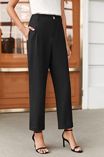 Febriajuce Women's High Elastic Waisted Dress Pants Button Down Pleated Work Pants Straight Leg Ankle Pants Office Trousers4