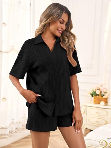 Tankaneo Womens Ribbed Knit 2 Piece Pajama Sets Button Down Short Sleeve Tops and Shorts Set Summer Casual Loungewear2