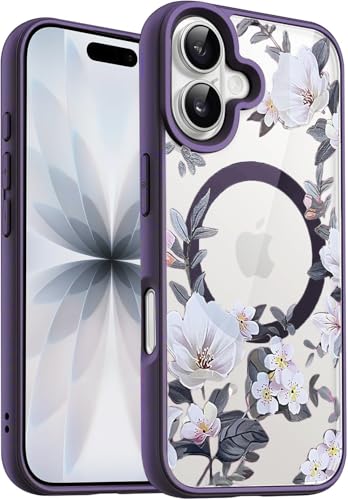 Image of VONZEE Back Cover Case Compatible with iPhone 17, Luxury Retro Flowers Floral Clear for Magnetic Wireless Charging Case Shockproof PC+TPU Cute Glossy Shiny Cover for Girls Women, 6.3'' Deep Purple