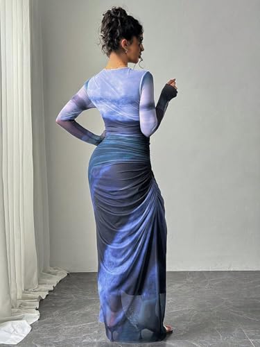 Image of LIGHT DOT Women's Printed Bodycon Maxi Dress Long Sleeve Tie Dye Mesh Ruched Cocktail Dress