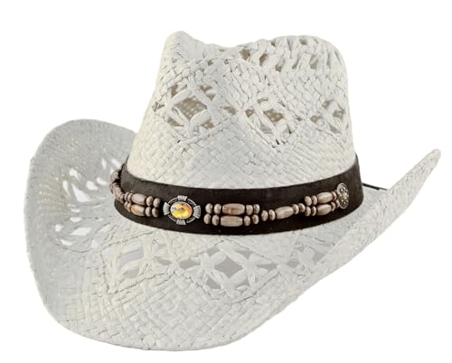 Image of TOVOSO Straw Cowboy Hat for Women with Beaded Trim and Shapeable Brim