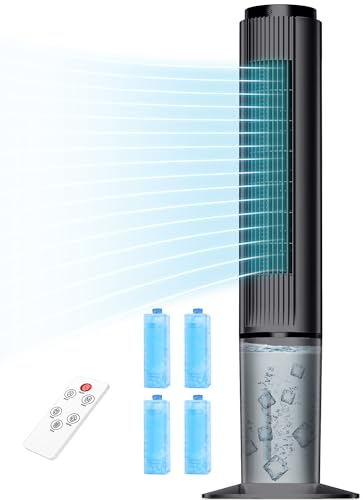 Image of hifresh Air Cooler for Home, 107CM Tower Cooler w /Remote & LED Touch Screen, 4 Mode & 3 Speed, 12H Timer, 26 Feet Air Delivery, 4L Water Tank, 4 Ice Packs, 70 Swing Control, 80W - Black