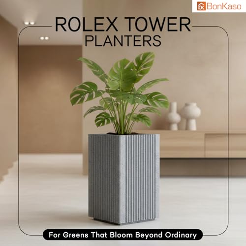 Image of BonKaso 18 Inch Rolex Tower Planter for Indoor & Outdoor Use | Tall Square Heavy Duty Polymer Flower Pot | Weather Resistant Modern Planter for Living Room, Balcony, Terrace & Office Decor(Light Gey)
