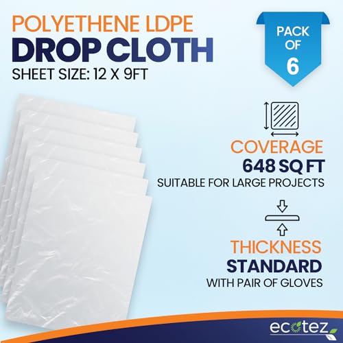 Ecotez 6 Pack 12 x 9 ft Extra Large Painter's Drop Cloth - Light & Durable Dust Cover - Clear Plastic Sheet - Paint Drop Cloth - Plastic Floor Protector