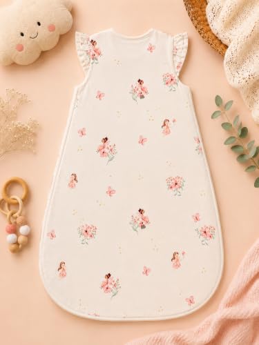 Image of TuddyBuddy Baby Cotton Wearable Quilted Sleeping Bag Blanket 1.5 Tog with 1 Way Zipper Closure | Ideal for Babies & Kids Hypoallergenic Fabrics | (Pink Angel - Frill Sleeves - Off White, 2-3 Years)