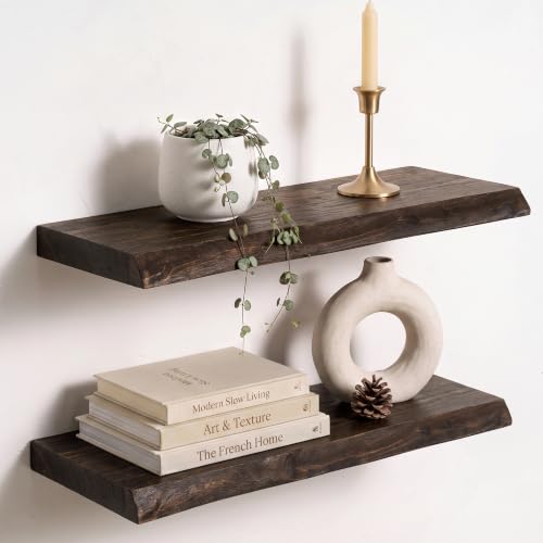 Image of Live Edge Elm Floating Shelves - 20 In Rustic Solid Wood Shelves with Heavy-Duty Invisible Bracket, Wall-Mounted Wooden Shelf for Living Room, Bathroom, Kitchen Storage & Display, Set of 2, Walnut