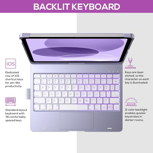 Image of typecase Touch iPad 11th 10th Generation Case with Keyboard (11 inch 2025, A16 & 10.9 inch 2022) - 360 Rotatable, 11-Color Backlit, Multi-Touch Trackpad, Pencil Holder, Thin & Light - Light Purple