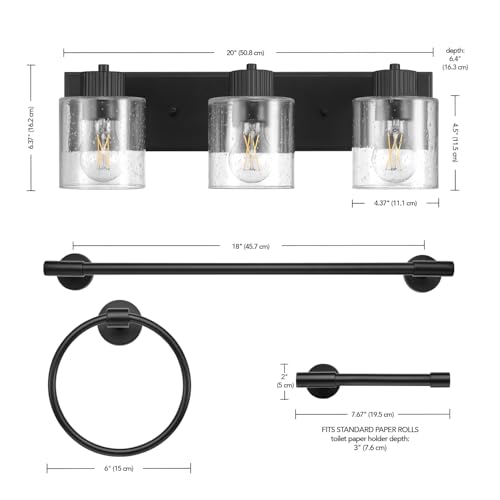 Image of Globe Electric 4-Piece All-in-One Bathroom Set, Matte Black, 3-Light Vanity Light with Seeded Glass Shades, Towel Bar, Toilet Paper Holder, Towel Ring