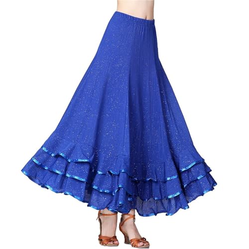 OPIGJUFD Falda de Baile española Vestido de Baile Moderno for Mujer, for vals, salón, competición, Falda Grande con Vuelo, Traje Rojo, Lentejuelas para Rendimiento(Blue,XL)