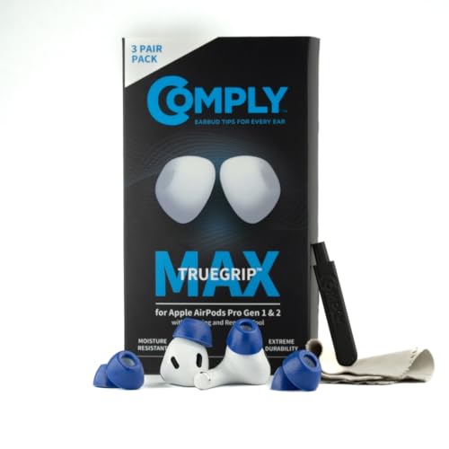 Comply TrueGrip MAX | Premium Memory Foam Replacement Earbud Tips for Apple AirPods Pro 1 & 2 | Long Lasting Comfort, MAX Durability, Secure Fit, Superior Noise Isolation| Blue (S/M/L) (3 Pairs)