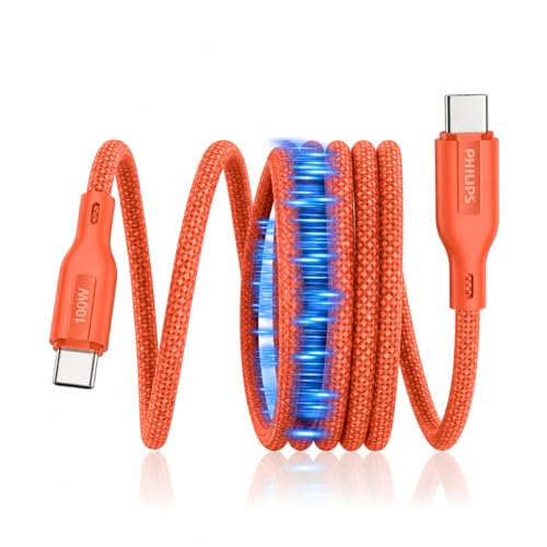 Image of PHILIPS DLC7130CR /94 100W Magnetic Type-C to Type-C Fast Charging Cable (1m, Coral Reef) | Nylon Braided | Compatible with iPhone 15+ Series, USB-C iPad Models, Samsung Galaxy & All Type C Devices