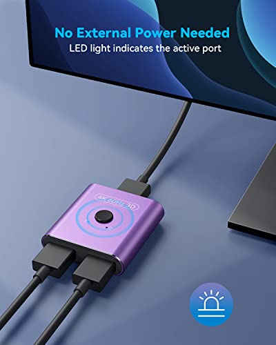 Hdmi Switch 4K 60Hz【Ultra Slim】 Hdmi Splitter 2 In 1 Out, Bidirectional Hdmi Switcher Box, Aluminum 4K Hdmi Switcher Ultra Hd, Support 4K 1080P 3D Hdr For Apple Tv, Xbox Ps5/4 Fire Stick Purple #TOP6