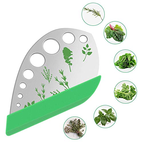 Leaf Herb Stripper, Stainless Steel Kitchen Herb Stripper Tool, 9holes, 2 in 1 design,Curved edge can be used as a kitchen knifefor Chard, Collard Greens, Parsley, Basil, Rosemary Herb, Taragon, Thym
