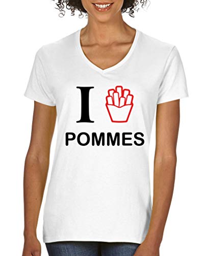 Comedy Shirts - I Love Pommes – Col en V pour femme – Col en V – 100 % coton – T-shirt imprimé basique. - - XL