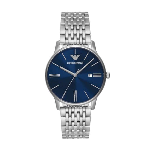 Emporio Armani Watch for Men, Quartz Movement and 42mm Case Size with Stainless Steel, Leather or Silicone Strap Blau und Silberton, 39MM