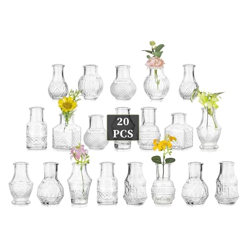 Glasseam Małe szklane wazony na centralny element: mini przezroczysty wazon na pąki, zestaw 20 małych wazonów na kwiaty, urocze dekoracyjne wazony na stół, wesele, przyjęcie, dekoracja jadalni