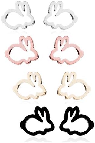 MixiuEuro Girls Children Earrings 2 Pairs 14k Rose Gold Plated Stainless Steel Tiny Bunny Rabbit Stud Earrings Jewellery Gift For Girls Child