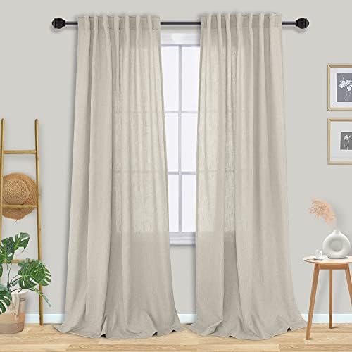 Burlap Beige Semi Sheer Curtains 96 Inch Length 2 Panels Set Linen Textured Look Window Drapes with Light Filtering, Rod Pocket Back Tab Primitive Tan Taupe Curtains for Living Room/Bedroom/Patio