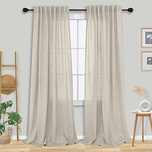 Burlap Beige Semi Sheer Curtains 96 Inch Length 2 Panels Set Linen Textured Look Window Drapes With Light Filtering, Rod Pocket Back Tab Primitive Tan Taupe Curtains For Living Room/Bedroom/Patio #TOP24