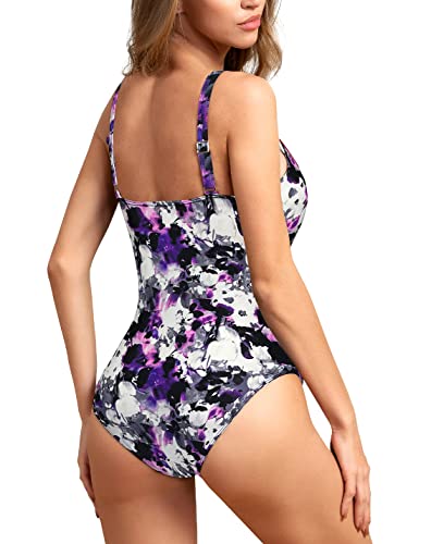 Upopby Women's Vintage Tummy Control One Piece Swimsuits Monokini Printed Plus Size Swimwear Bathing Suits Purple Floral 14 #TOP5