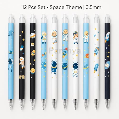 Image of Alokik 12 Pcs Planet Space Erasable Gel Pen Set 0.5mm Fine Point - Cute Astronaut Cartoon Erasable Pens with Eraser Tip, Smooth Writing Retractable Gel Pens for Kids School Office Stationery