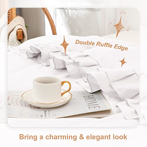 Yozen White Double Ruffle Comforter Set Queen Size (90X90 Inch), 3 Pcs Farmhouse Vintage Comforter Set (1 Ruffled Comforter And 2 Pillowcase), Rustic All Season Down Alternative Bedding Set #TOP1