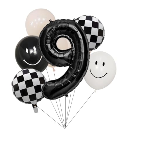 Ballons anniversaire chiffre 9 noir et ivoire pour décoration de fête d'enfants rétro