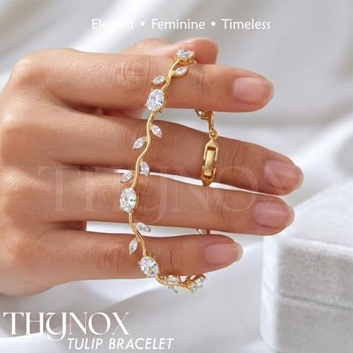 Image of THYNOX Tulip Bracelet for Women Stylish | Gold Plated Crystal Floral Jewellery | Adjustable Chain Wrist for Women & Girls Stylish | Elegant Tulip Bracelet for Women, Party & Daily Wear Accessory