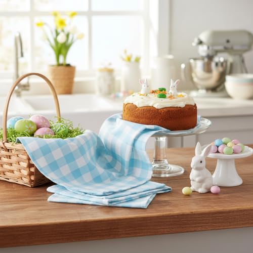 Image of Aqua 6 Pack Large Cotton Tea Towels - 30 inch x 20 inch with Hanging Loop - Highly Absorbent, Lint-Free, Washable Teal Kitchen Towels - Plaid Pattern
