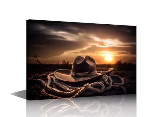 Chapeau de cowboy corde et lasso sur toile art mural moderne encadré bois pour maison