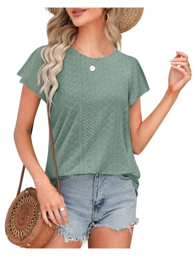 Womens Tops Summer Ruffle Sleeve Crew Neck Tshirts Loose Fit Casual Cute Top Blouses Green #TOP5
