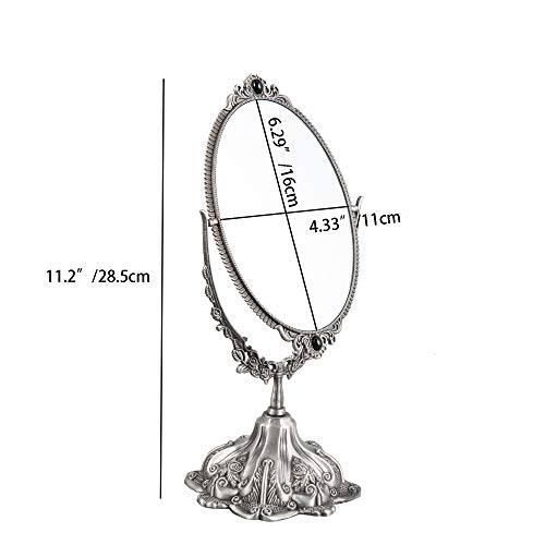 Feyarl 11.2 Inch Vintage Makeup Mirror Floral Tabletop Oval Vanity Mirror With Stand Dressing Room Swivel Double Sided Elegant Decorative Mirror Embossed Frame (Pewter) #TOP1