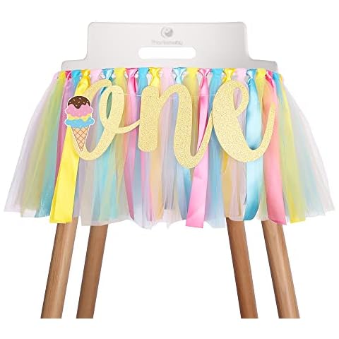 Ice Cream Highchair Banner Decoration for Baby - 1st First Highchair Happy Birthday Banner, High Chair Fabric Garland Party Supplies, Pink Yellow Blue, Photo Props, Handmade Cover