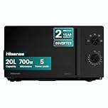 Hisense 700 Watts 20 Litre Inverter Microwave Oven H20MOBP1HIUK Black, Automatic Defrost, 5 power levels, Easy Clean, H24.1 x W43.4 x D32.9 cm Freestanding