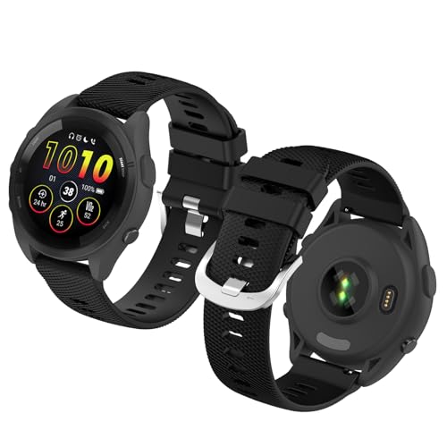 Haofun 20mm Silicona Correa para Garmin Vivoactive 6/5/ Forerunner 165/245/ 645/ Music para Mujer/Hombre, Correa de Repuesto de Pulsera de Cierre de Metal (Negro- Ocio)