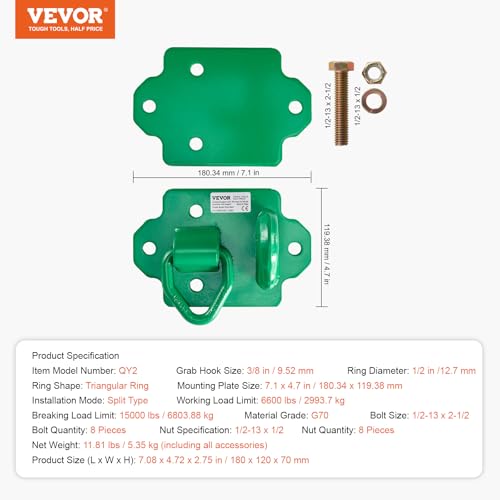 VEVOR 9,52mm Traktor-Eimerhaken mit Zurrring, Stahl der Güteklasse 70, 2er-Set anschraubbarer Greifhaken mit Rückplatten, kompatibel mit Traktorschaufel, Wohnmobil, UTV, max. Bruchfestigkeit 6803,88kg