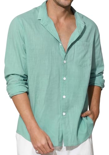 Enlision Camisa Lino Hombre Manga Larga Verano de Algodon Camisas Verde Menta para Hombres Cuello Mao Casual Henley Shirts Elegantes Playa Boda L